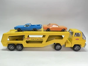 VTG 1970s TONKA Yellow Car Carrier Hauler Trailer w/2 Cars Mustang Truck AS-IS - Picture 1 of 24