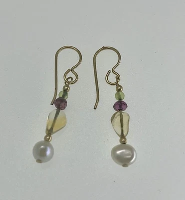 14K G.F. Pearl, Citrine, Garnet & Peridot Artisan Hook Earrings Buy3ShipFRee - Image 1 of 4