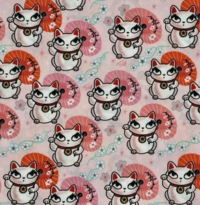 Lucky Cats with Parasols Cotton Fabric Remnant by Spoonflower 22” x 30” - Picture 1 of 2