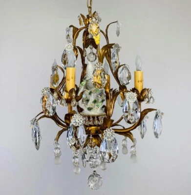 Antique Vintage French Crystal Beaded Gold Gilt Tole Chandelier Bird Birdcage - Image 1 of 4
