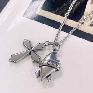 Gothic Cross and Love Heart Charm Necklace Stainless Steel Romantic Gift - Picture 1 of 6