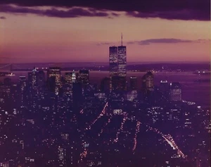 Color Photograph of the NYC Lower Manhattan Skyline at Dusk, with Twin Towers - Picture 1 of 1