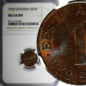 ESTONIA Bronze 1939 1 Sent NGC MS64 BN 1 YEAR TYPE Thick Planchet KM# 19.1 (20) - Picture 1 of 4