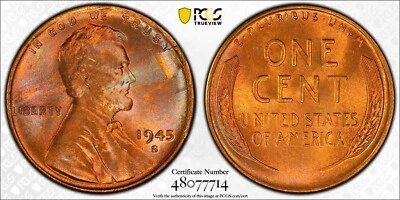 MS65RB 1945-S Lincoln Wheat Cent Lamination Error, PCGS Trueview- Lightly Toned - Image 1 of 4