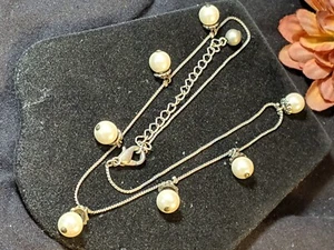 Vtg Foxtail & Glass Pearls Tin Cup Necklace Rhodium Chain & Ornate Cap Findings - Picture 1 of 19