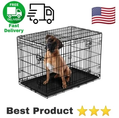 Dog Cat Double-Door Crate Pet Cage Folding with Divider & Tray Metal L Size 48 - Image 1 of 4