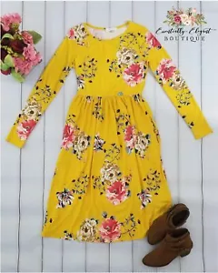 Ageless Bliss Floral Print Midi Dress with Long Sleeves and Pockets in Mustard Y - Picture 1 of 3
