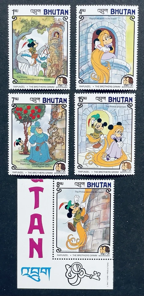 JUEGO DE ESTAMPILLAS DE BUTÁN RAPUNZEL DISNEY 1985 MNH MOLERS GRIMM CUENTO DE HADAS MICKEY MINNIE Foto 1 de 1