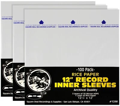 SQUARE DEAL RECORDINGS & SUPPLIES (300) 12" RICE PAPER Insert Plastic Record Inner Sleeves Vinyl ARCHIVAL #12IM