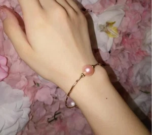 Stunning AAA 10-11mm real natural pink south sea round pearl bracelet 18k Gold - Picture 1 of 3