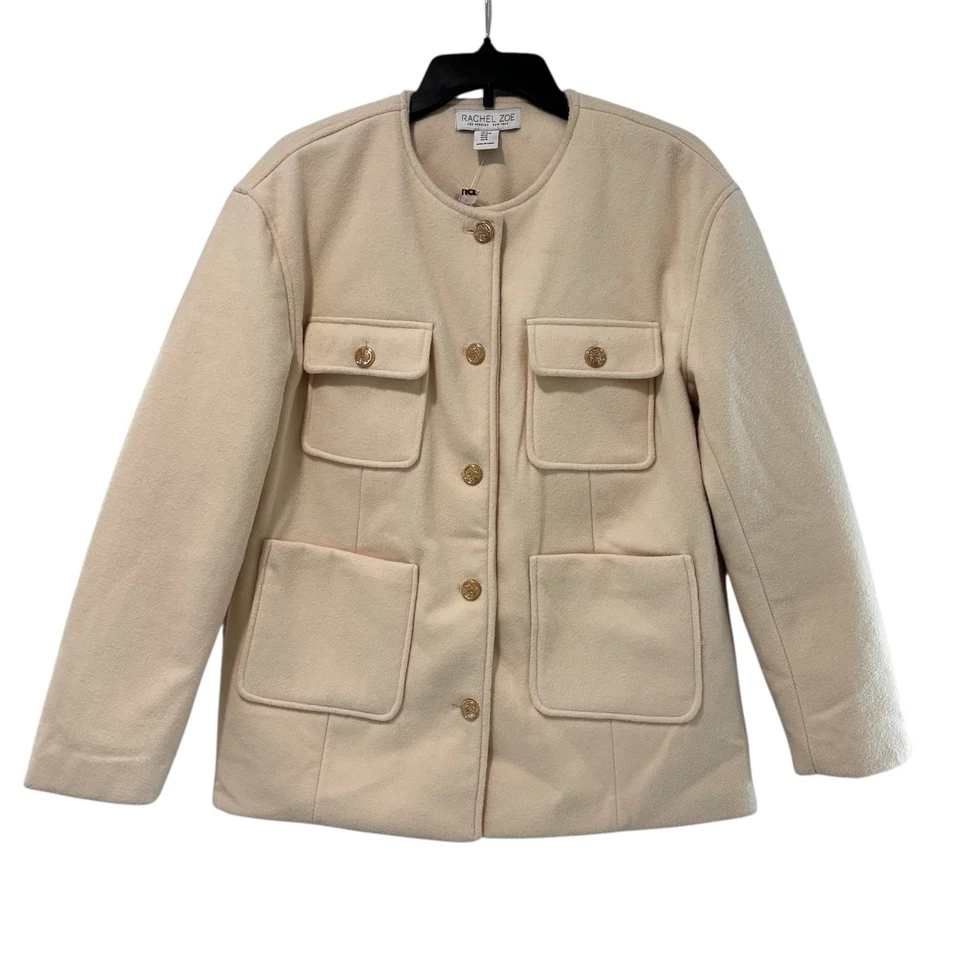 Chaqueta Abrigo Rachel Zoe Crema Botones Dorados 4 Bolsillos Mujer’s Talla Mediana Foto 1 de 4