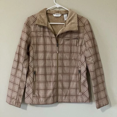 Izod Jacket Women’s Sz S Full Zip Faux Fir Lined w/ Collar and Pockets Tan Plaid - Image 1 of 4