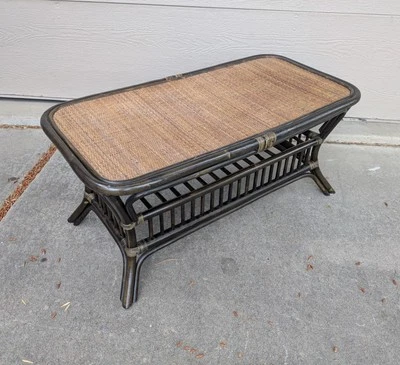 Mesa de centro vintage MCM asiática boho chic costera bambú mimbre ratán Foto 1 de 4