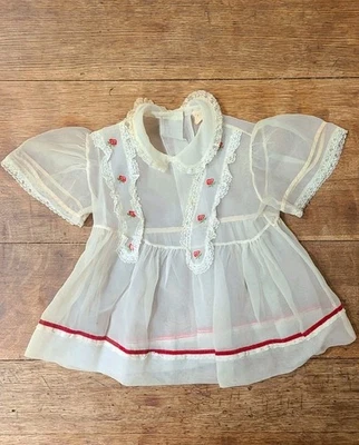 Antique Sheer Crinoline Dress Red Embroidered Flowers Velvet Trim Lace Collar - Image 1 of 4