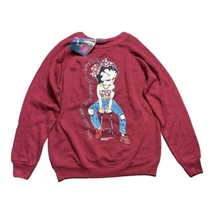 𝅺Vintage 90's Hanes Betty Boop Crew Neck Red Sweatshirt USA Cotton Blend Sz L - Picture 1 of 10
