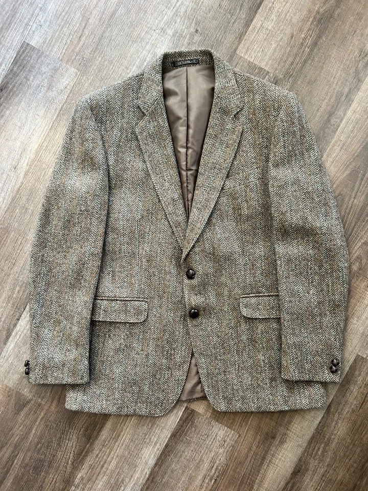 Chaqueta Blazer Harris Tweed Marrón Tostado Espiga Doble Ventilación Hecha Inglaterra 44R Foto 1 de 4
