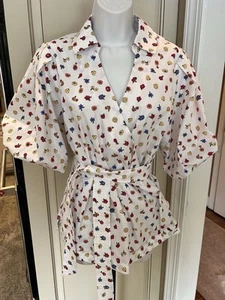 Elie Tahari Womens Faux Wrap Blouse Floral V-Neck Puff 3/4 Sleeve Shirt Medium - Picture 1 of 8