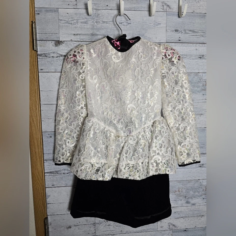 Vintage 80s Lace & Fineness Lace Black Velvet Dress Girls Size 7 - Image 1 of 4