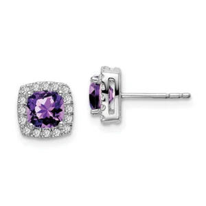 14K Solid White Gold Cushion-cut Amethyst Diamond Halo Stud Earrings - Picture 1 of 5
