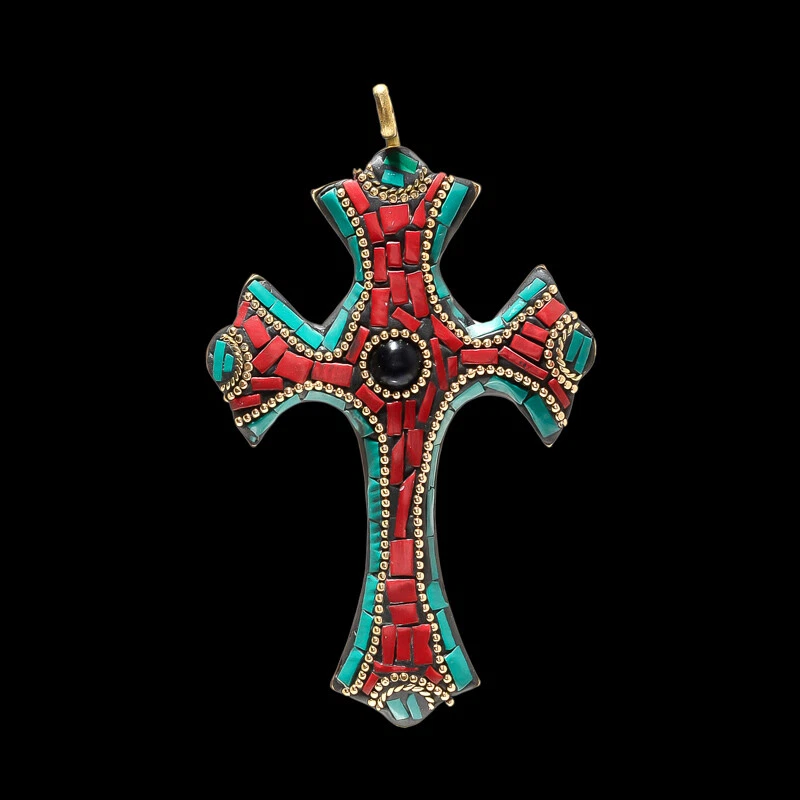 CORAL ROJO, ÓNIX Y TURQUESA PIEDRAS PRECIOSAS TIBATÁN HECHO A MANO CRUZ BOHO COLGANTE 4,4"" Foto 1 de 1