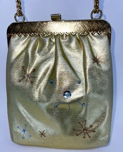VINTAGE 1950s ATOMIC STARBURST SPACE AGE PURSE GOLD SILVER BEADED MCM MOD RETRO - Picture 1 of 8