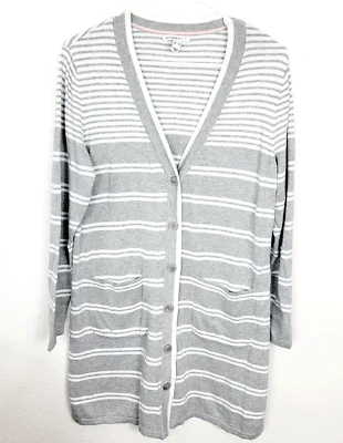 Cárdigan Isaac Mizrahi Live Med M Gris Blanco Rayas Botón Frontal Suéter Plumero Foto 1 de 4