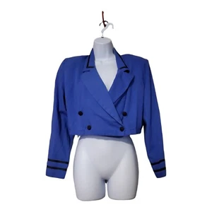 VTG 80s Wine & Roses Women's L Blue W/Black Trim Double Breasted Cropped Jacket - Picture 1 of 6