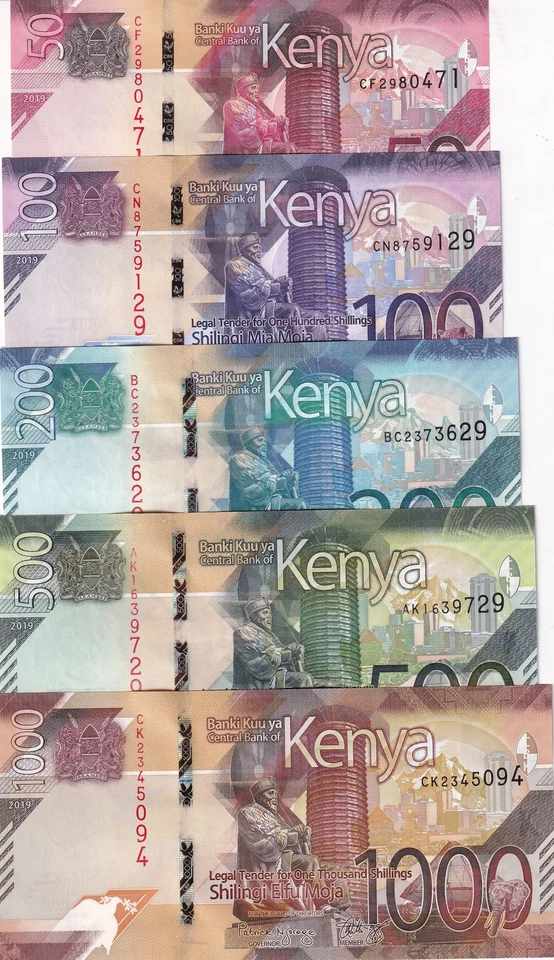 Kenia Set 5 Piezas 50 100 200 500 1000 Chelines 2019 P 52 53 54 55 56 UNC Foto 1 de 4