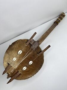 Old African Handmade Calabash Gourd Guitar Musical Instrument Bufallo Leather