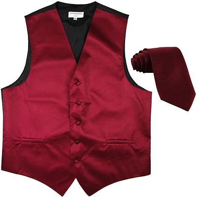 New men's tuxedo vest waistcoat & neck tie horizontal stripes formal burgundy  - Image 1 of 3