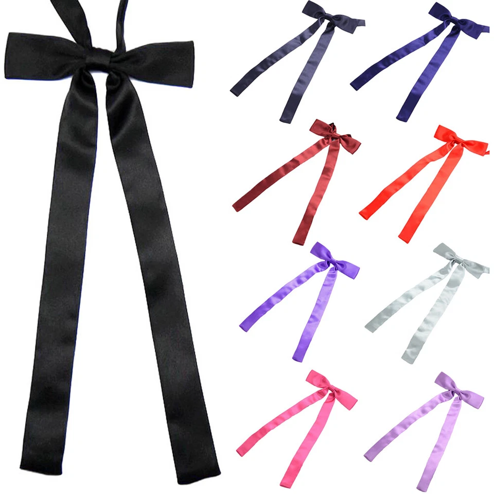 Women Ladies Girl Solid Satin Long Bow Tie Adjustable Necktie Tie Wedding Party - Image 1 of 1