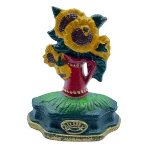 Vintage Sunflower Cast Iron Door Stop Painted 4 1/4” Red Pot Hubley? READ - Picture 1 of 7