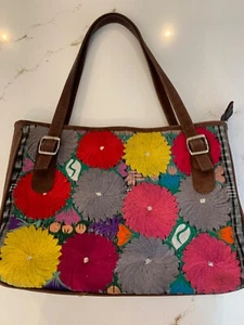 Vintage Needlepoint Floral Handbag Purse Hand Made Suede Handle 11” x 15” - Picture 1 of 15
