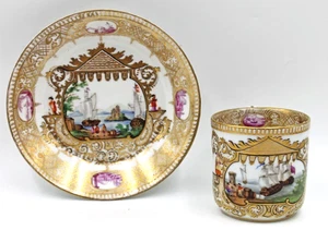 Taza y platillo Meissen antiguos de porcelana pintados a mano con escena de barcos y puerto (B) - Imagen 1 de 12