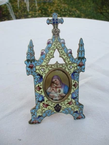 ANTIQUE FRENCH 1895 BRASS & ENAMEL RELIGIOUS PORCELAIN PLAQUE CRUCIFIX CHAMPLEVE - Picture 1 of 12