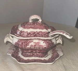 Mason's rot/rosa Saucenterrine Unterteller Vintage Kerbdeckel + Schöpfkelle - Bild 1 von 9