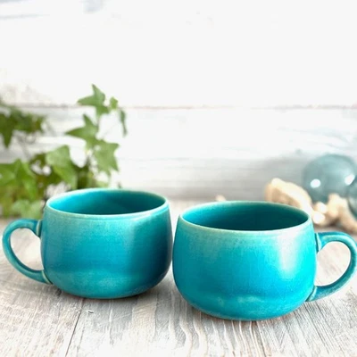 Taza sopa cerámica japonesa Kyo-yaki Kiyomizu-ya taza turquesa esmalte 2 piezas Foto 1 de 4