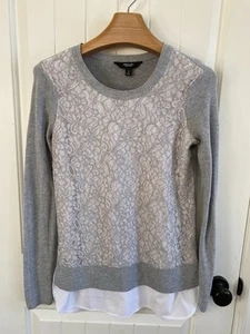Simply Vera Vera Wang Women Sweater S Gray Floral Lace Long Sleeve Twofer - Picture 1 of 7