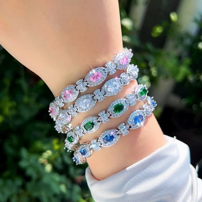 Women White Pink CZ Pave Oval Tennis Bracelet Silver Plated for Brides Wedding - Image 1 of 4