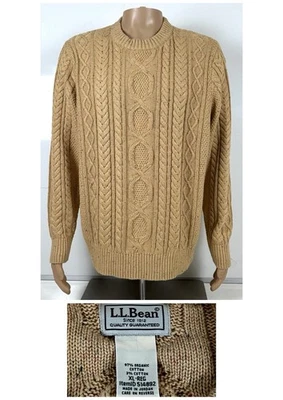 LL Bean Mens XL Organic Cotton Aran Cable Knit LS Crew Neck Sweater Beige - Image 1 of 4