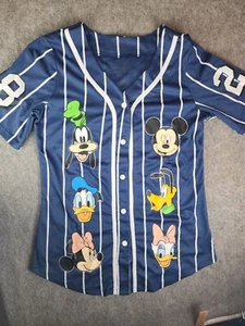 Disney Jersey Womens XL Blue Stripe Mickey Mouse Baseball Shirt Button Up #28 - Picture 1 of 7
