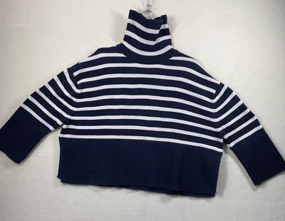 GAP 24/7 Split Hem Cotton Turtleneck Sweater PETITE L Navy White Stripe Nautical - Image 1 of 4
