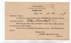 1907 Universal Peace Union "You were elected Vice President" Postal Card - Picture 1 of 2