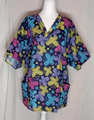 New Ladies RMF Scrub Top 3XL Butterflies 2 Pockets V Neck Women's Plus Size  - Image 1 of 4