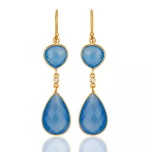 Blue Chalcedony 925 Sterling Silver Earrings 18K Gold Plated Jewelry - Picture 1 of 3