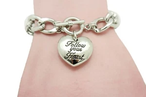 Women Silver Metal Chain Links Bracelet Fashion Follow Your Heart Blessing Heart - Picture 1 of 8