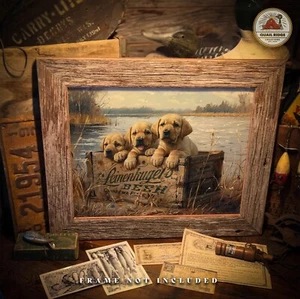 Yellow Labrador Puppies Art Print Vintage Duck Hunting Cabin Bar Hunter Art Gift - Picture 1 of 9