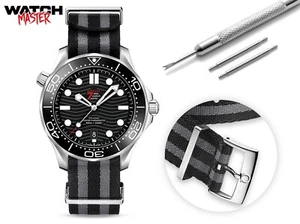 For OMEGA Watch NATO G10 Nylon Grey Black Strap Band Buckle James Bond 007 Pins - Picture 1 of 9