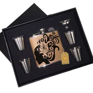 Hibiscus Flower Beauty Salon Leather Flask Black Box Gift Set - Picture 1 of 2