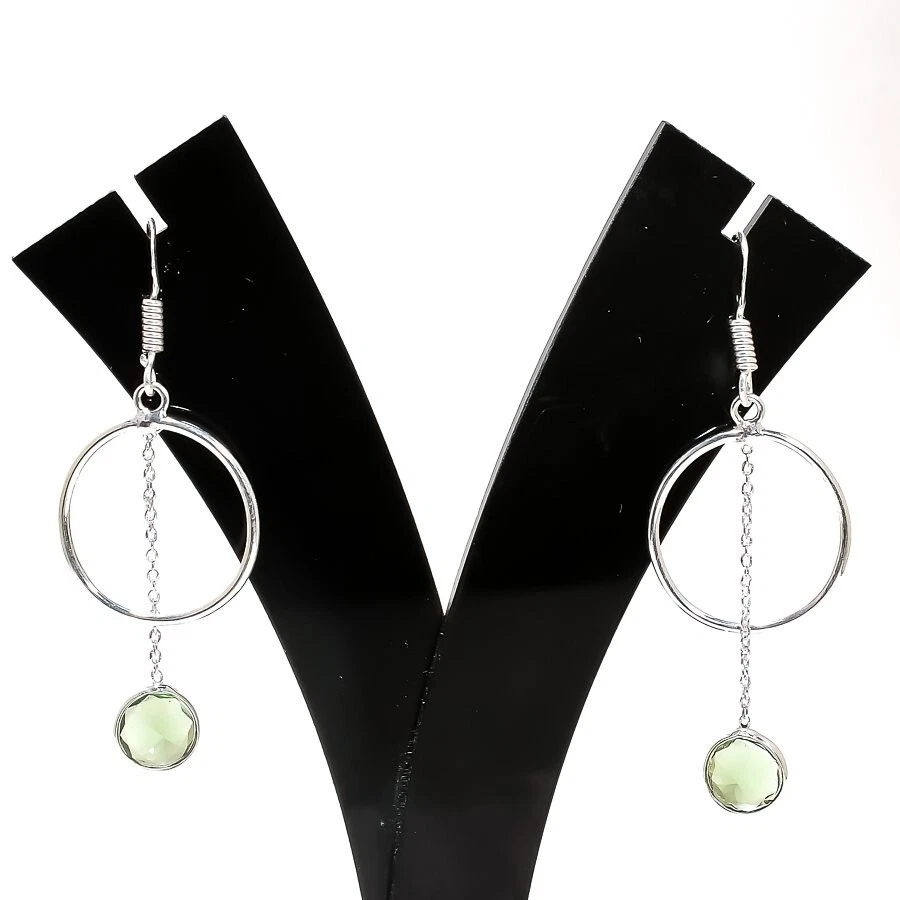 Green Amethyst Gemstone Handmade 925 Sterling Silver Jewelry Earring Size 2.1" - Image 1 of 1